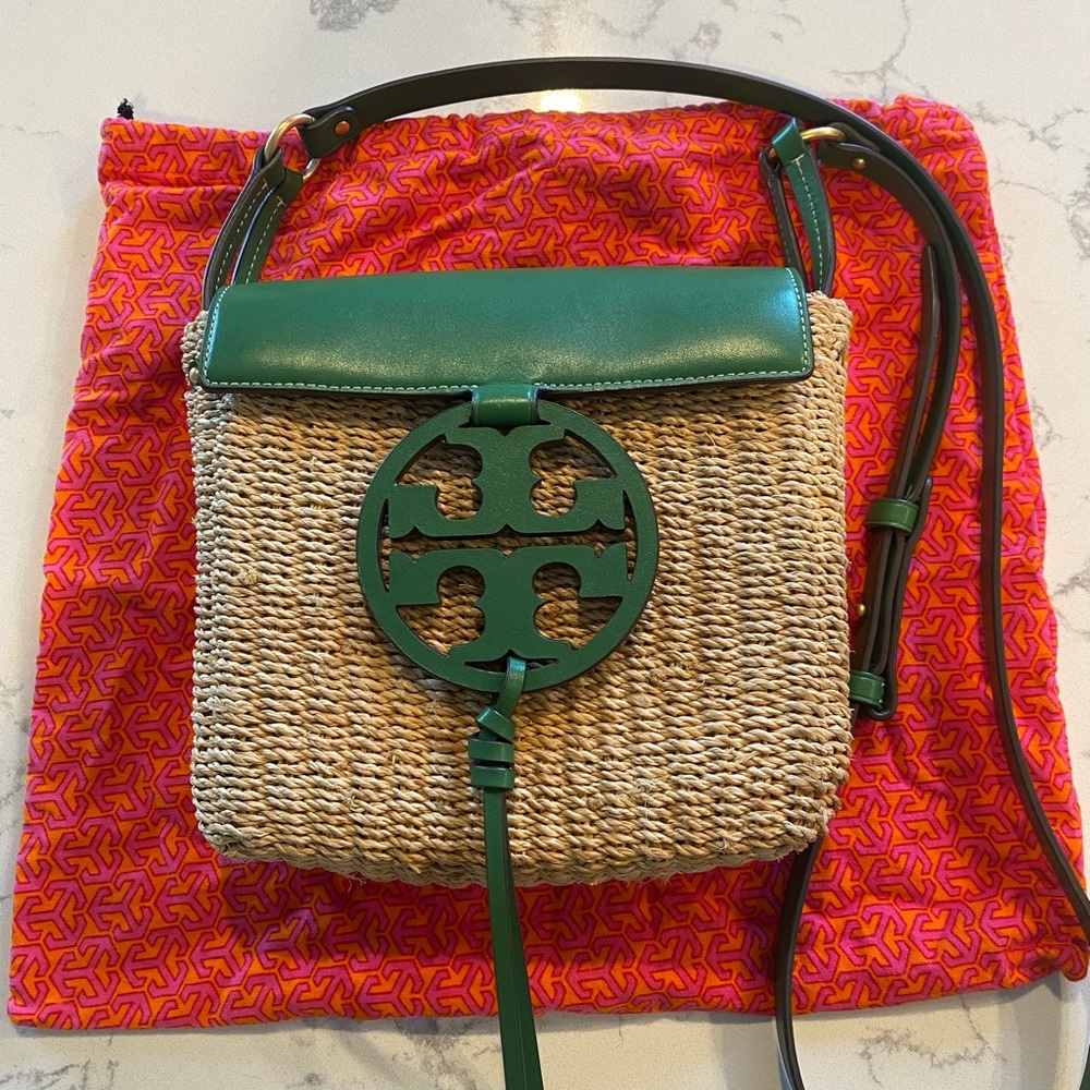 Tory Burch Miller Crossbody Straw Bag Green VGUC